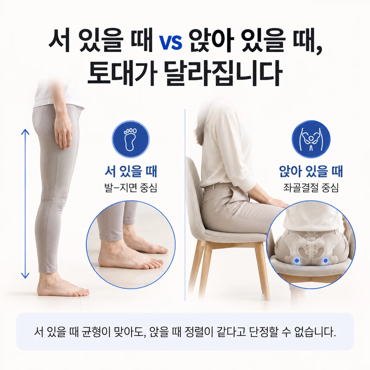 서 있을 때는 발, 앉아 있을 때는 좌골결절을 중심으로 토대가 달라지는 모습