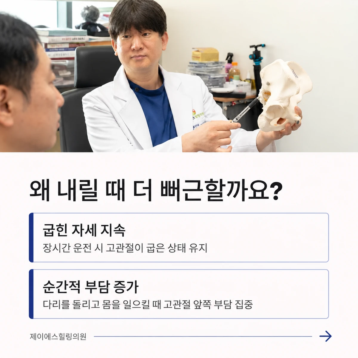장거리 운전 뒤 고관절이 굽혀진 자세에서 일어날 때의 부담