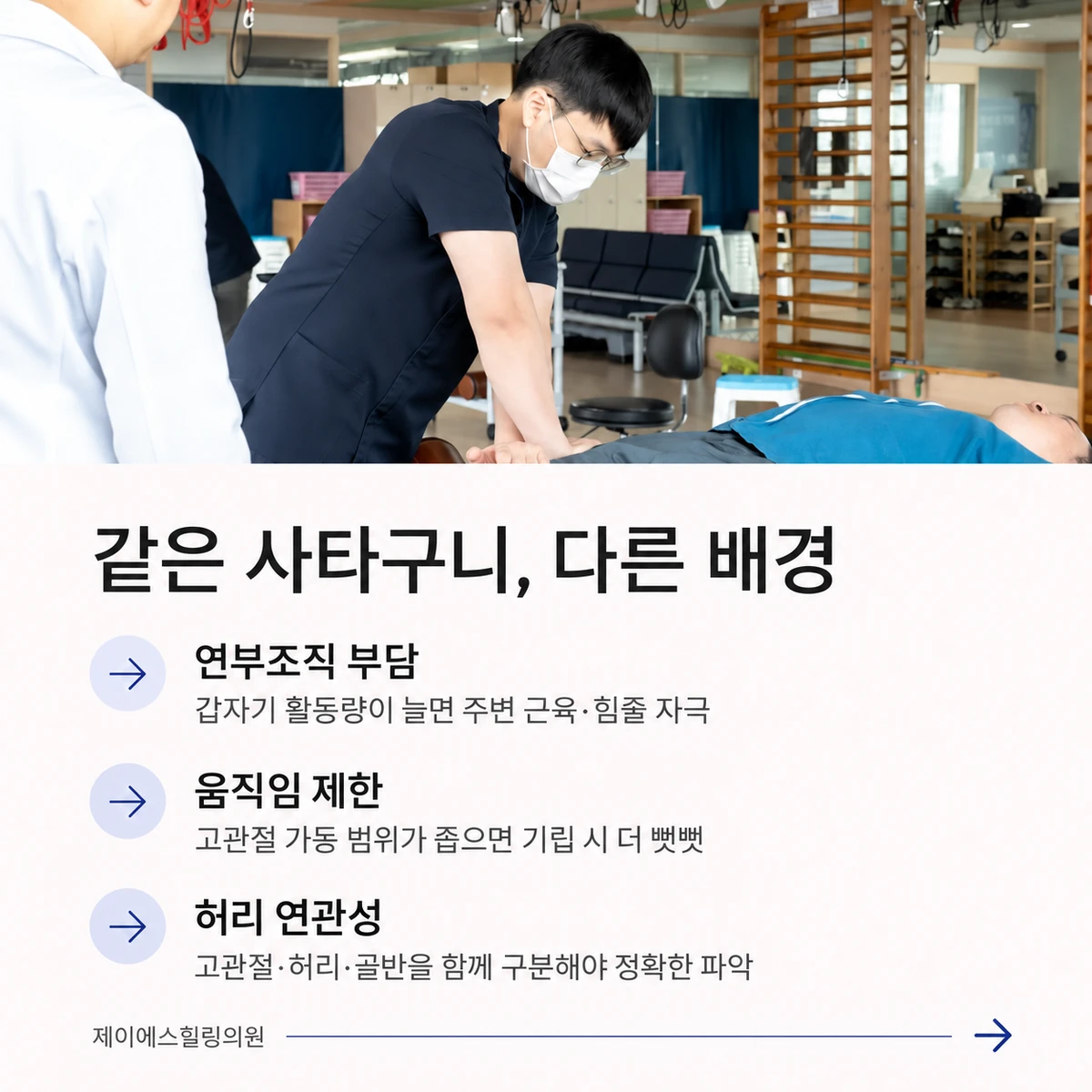 같은 사타구니 통증이라도 연부조직·움직임·허리의 배경이 다를 수 있습니다