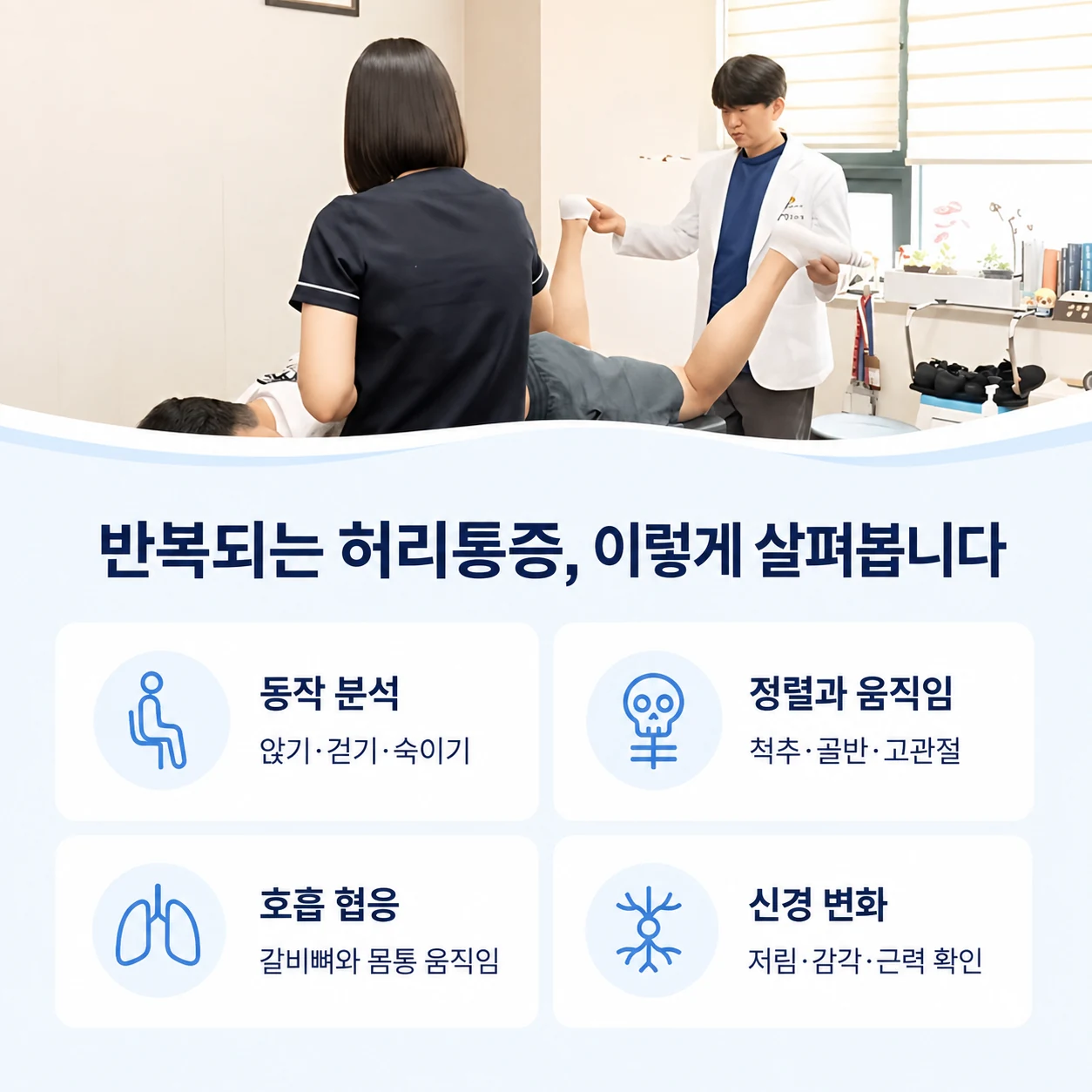 반복되는 허리통증을 동작과 정렬, 호흡, 신경 변화로 평가하는 과정
