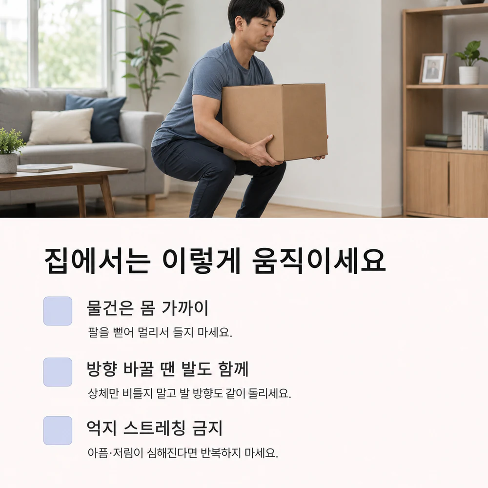 허리를 삐끗한 뒤 집에서 물건을 가까이 들고 발도 함께 움직이는 방법