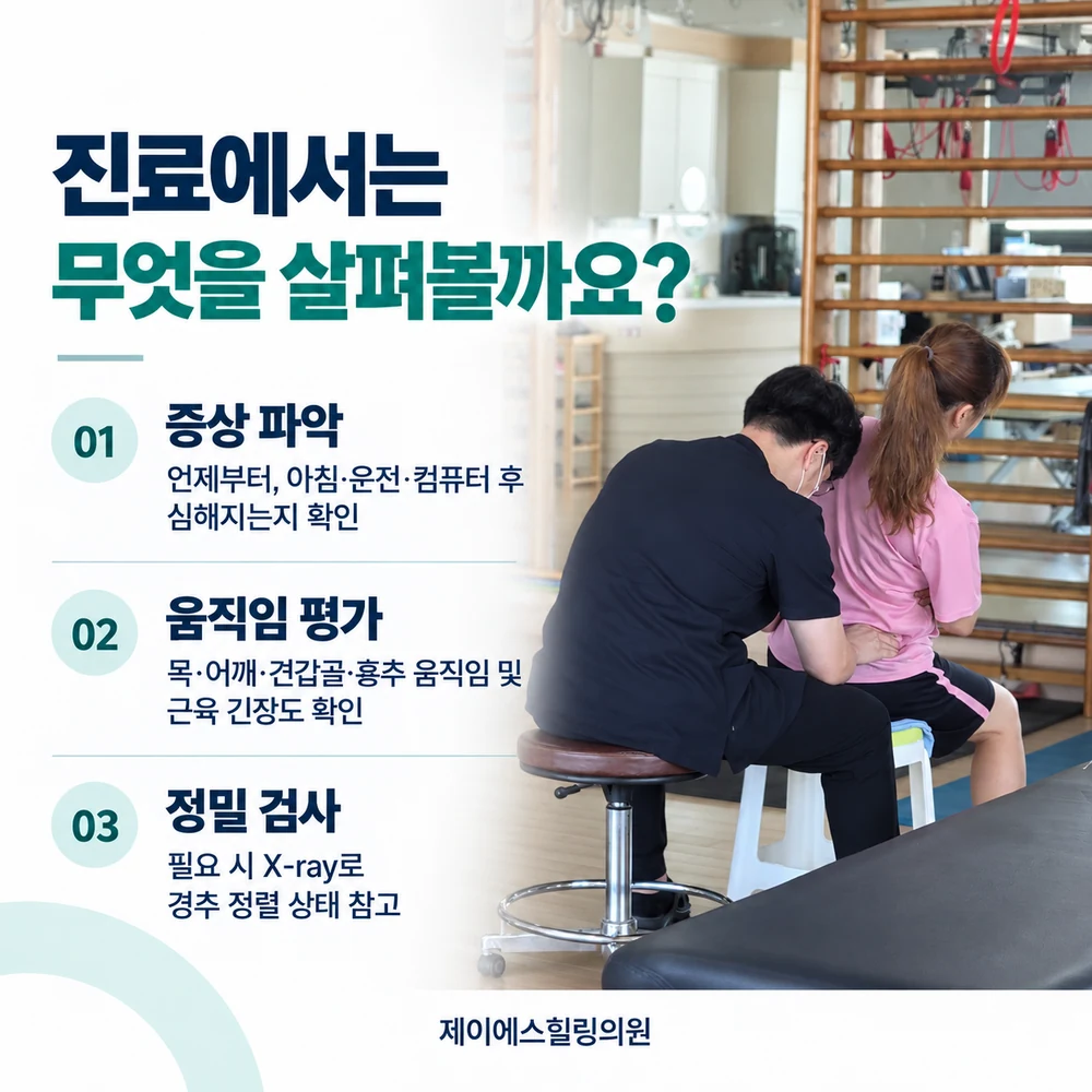 목 회전 제한과 통증을 진료할 때 확인하는 항목