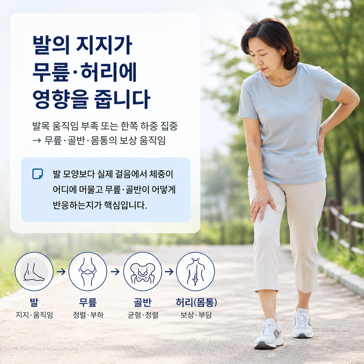 보행 중 발의 지지가 무릎과 골반에 전달되는 모습