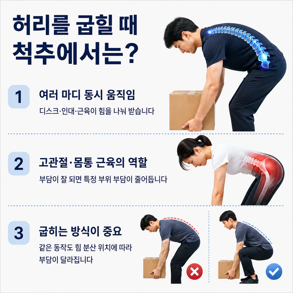 허리를 굽힐 때 척추와 골반·고관절이 힘을 나누는 과정