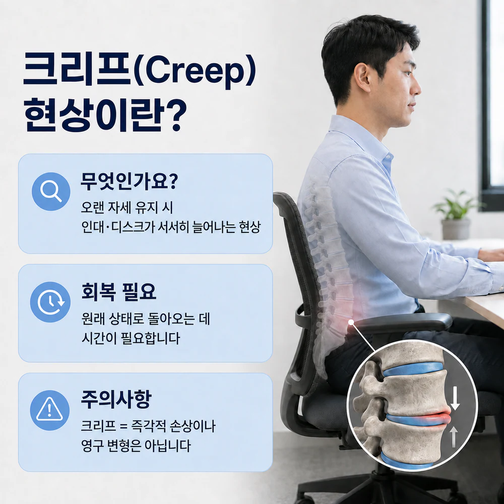 오래 구부정한 자세에서 나타나는 허리 조직의 크리프 현상