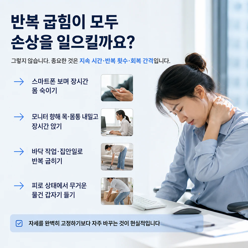 일상에서 허리를 반복해서 굽히게 되는 자세와 작업